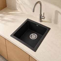 GraniteMy Universal granieten zwarte spoelbak 34x40 cm zwart opbouw onderbouw en vlakinbouw met rvs plug 1208967106